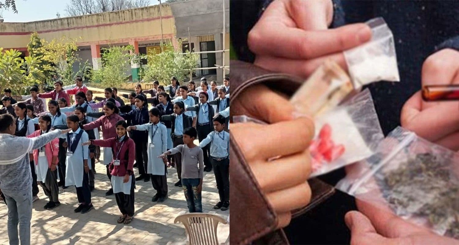 school assembly with students standing and drugs