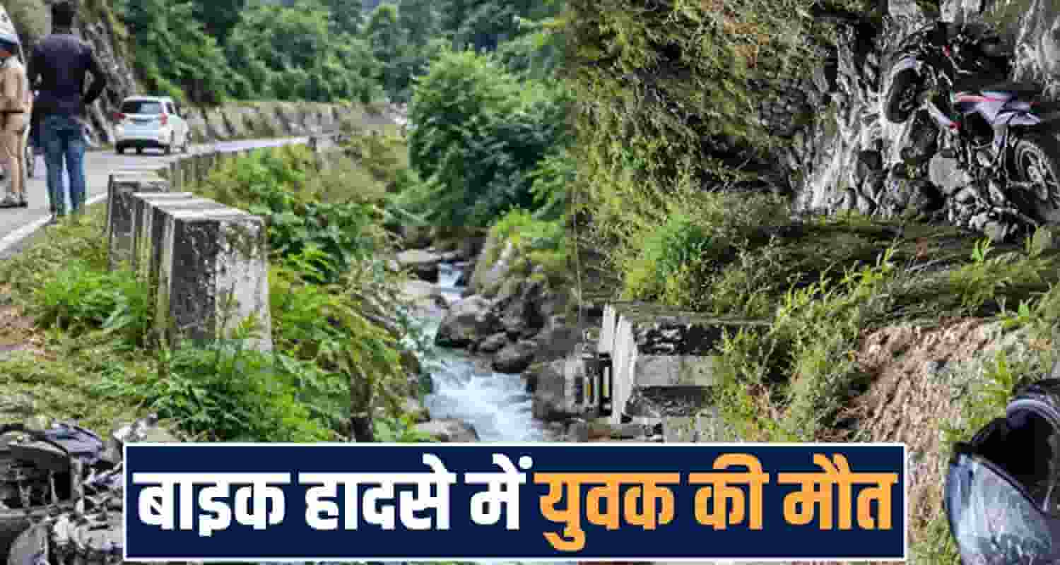 jibhi sojha road kullu himachal kerala tourists boy girl bike deep ditch
